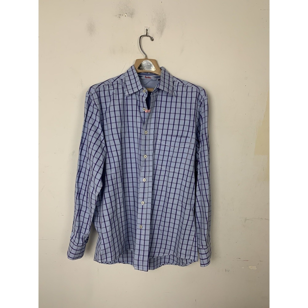 Boden Mens Dress Shirt Large Blue Plaid Windowpane Wedding Button Up‎ Cotton